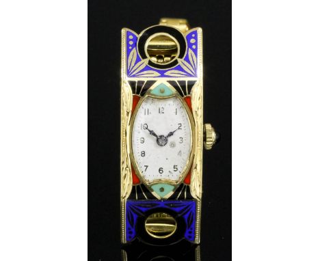 A lady's 1920s 18ct gold and enamel wristwatch, the white navette pattern dial with Arabic numerals, contained in an 18ct gol