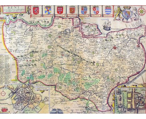 John Speed (1552-1629) - Coloured engraving - Map - "Kent with her Cities and Earles described and observed" with plans of th