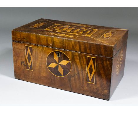 A 19th Century rosewood and parquetry inlaid rectangular two division tea caddy, the interior with two lidded compartments an