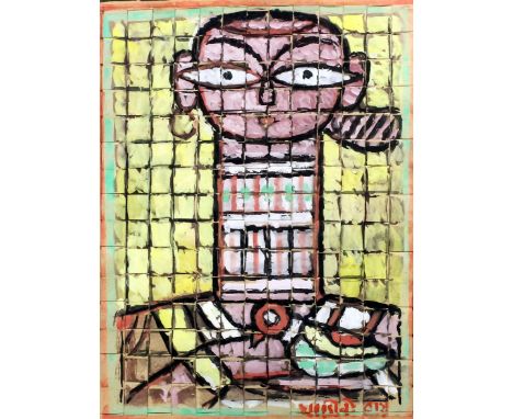 Jamini Roy (1887-1972) - Gouache on woven paper - "Untitled (Head of Woman)" - Shoulder length portrait of an Indian woman wi
