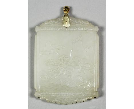 A Chinese white jade rectangular pendant carved with mountain landscape to front and four rows of Chinese characters to rever