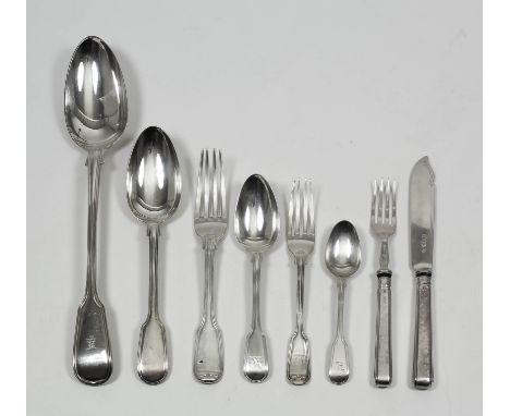 A Harlequin silver fiddle and thread pattern part table service (Georgian and later - various dates and makers - mostly crest