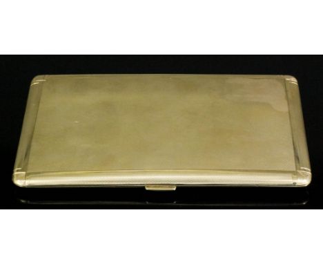 A George VI 9ct gold cigarette case with engine turned decoration to the plain borders, 145mm x 85mm x 8mm deep (gross weight