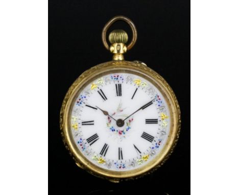 A late 19th Century Swiss lady's 18k gold cased open faced keyless lever pocket watch, No. 38229, the white enamelled oval fa