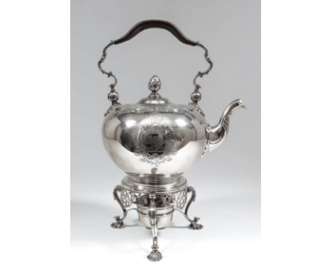 A good George II silver circular tea kettle and stand with spirit lamp, the kettle with plain squat bulbous body, the folding