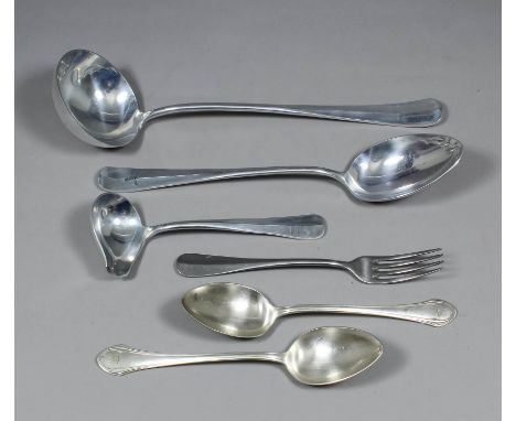 A 20th Century German Nazi aluminium part table service from a Luftwaffe mess, comprising ladle, serving spoon, sauce ladle, 