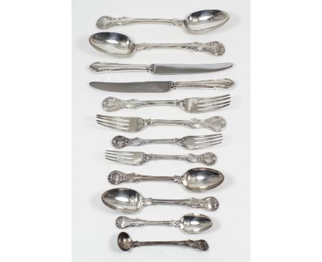 An early Victorian silver table service for twelve place settings, the moulded handles with scroll terminals, comprising - tw