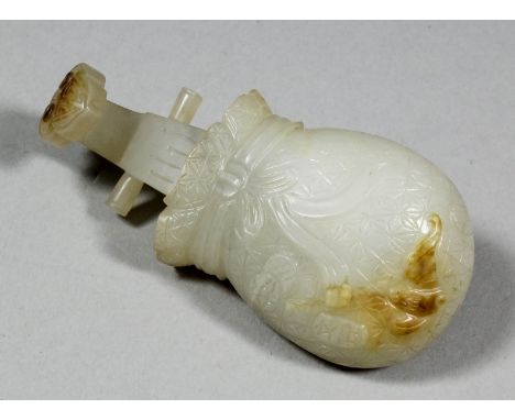 A Chinese white jade pendant in the form of a four stringed Pipain draw-string bag, the top and lower face with slight brown 