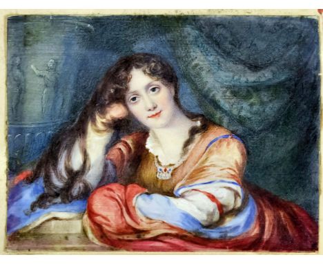 19th Century English School - Miniature half length portrait of a young woman resting her head on her right hand, ivory 2.75i