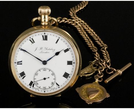 A George V gentleman's 9ct gold open faced keyless pocket watch by J.B. Yabsley, London, No. 240123, the white enamelled dial