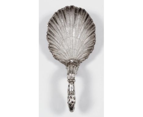 A William IV cast silver caddy spoon with matted shell pattern bowl, leaf capped scroll handle with swan's head terminal, pro
