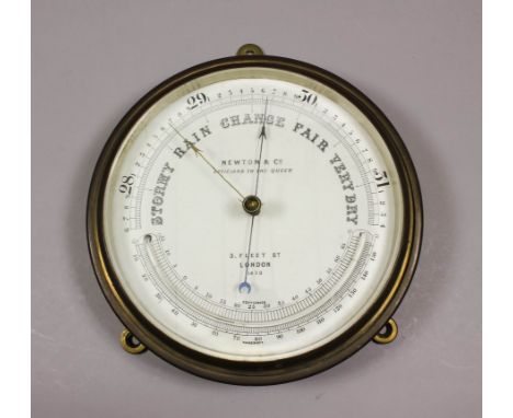 A late Victorian circular brass cased aneroid barometer and thermometer by Newton & Co, 3 Fleet Street, London, No. 1470, 9in