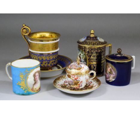 A 19th Century French porcelain coffee can with central panel outlined in gilt, with enamelled shoulder length portrait of a 
