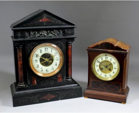 A 19th Century black slate and red veined marble cased mantel clock, the 5ins cream enamelled chapter ring with Arabic numera