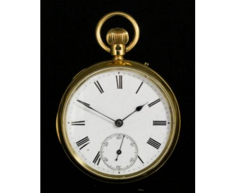 A late Victorian gentleman's 18ct gold cased open faced keyless lever pocket watch, No. 67360, the white enamelled dial with 