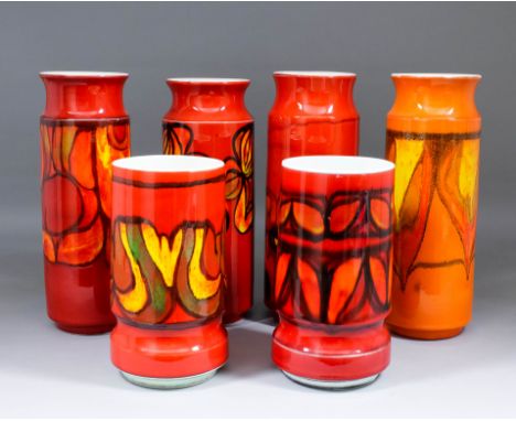 Four slender Poole pottery vases decorated in a "Delphis" design, each 12.75ins high, two similar 9ins high, and a small coll