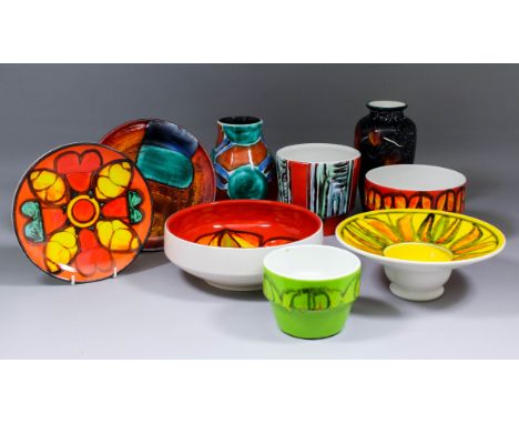 A Poole pottery bowl, the interior decorated with a "Delphis" design, 9ins diameter x 3.5ins high, six sweet dishes (shape No