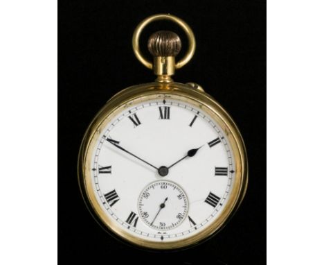 A gentleman's 18ct gold open faced keyless lever pocket watch, No. 721925, the white enamelled dial with Roman numerals and s