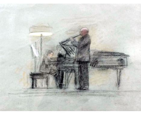 Jehan Daly (1918-2001) - Pastel on blue paper - "Jack Brymer playing at Wigmore Hall", 9.5ins x 12.5ins, signed, in later oak