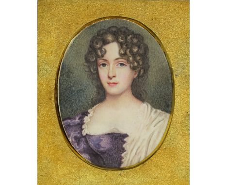 19th Century English School - Miniature oval shoulder-length portrait of a young lady in purple dress, 2.75ins x 2ins, in lea