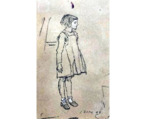 Jehan Daly (1918-2001) - Black crayon on buff paper - "Janet" - portrait of a young girl, 7.5ins x 4.25ins, signed and dated 