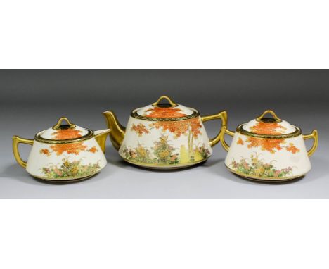 A Japanese "Satsuma" pottery circular three piece tea service of tapered form, decorated with a "Maple Tree" pattern, compris