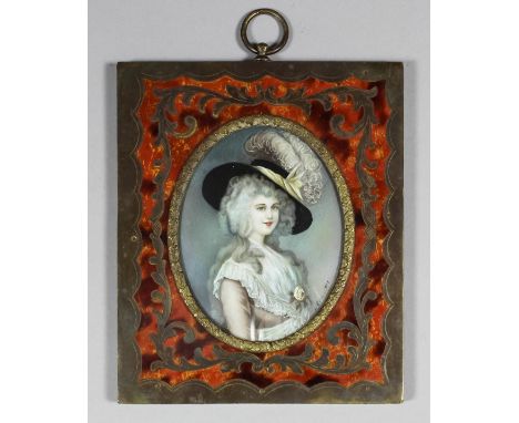 Late 19th/early 20th Century French School - Oval shoulder-length miniature portrait of the Duchess of Devonshire wearing a f