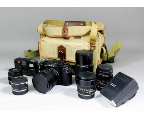 A Leica R7 35mm camera body, and a collection of Leica lenses, comprising - Vario-Elmar-R1:3.5/35-70, Macro-Elmarit-R1:2:8/60