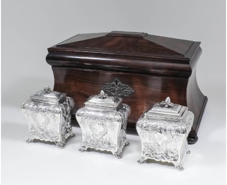 A good set of three George II silver rectangular tea caddies, comprising larger rectangular baluster shaped caddy and a pair 