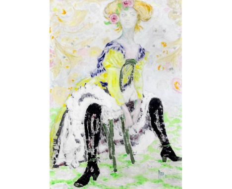 20th Century Continental School - Oil painting - Portrait of a dancer seated on a stool, canvas 27ins x 19ins, signed in blue