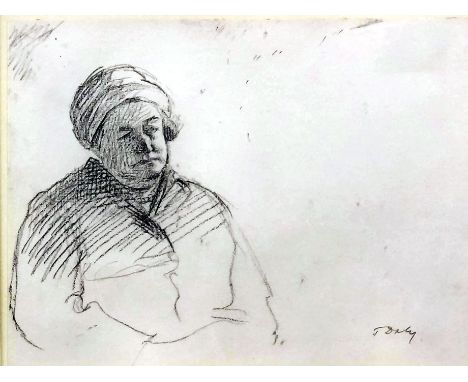 Jehan Daly (1918-2001) - Pencil drawing - Half length portrait of a seated elderly woman wearing a head scarf, 5ins x 6.5ins,