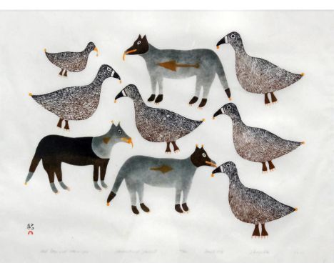 Canadian Inuit School - Three lithographs - "Sled Dogs and Ptamigan", 21ins x 28ins, No. 49 of edition of 50, inscribed in pe