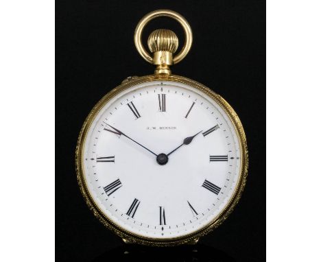 A gentleman's 18k gold cased open faced keyless lever pocket watch by J.W. Benson, No. 12820, the white enamelled dial with R