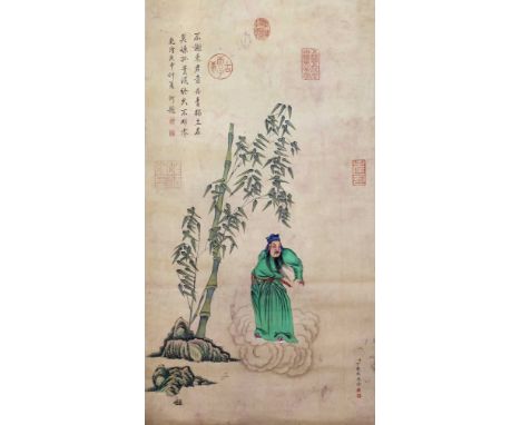 Chinese School - Scroll painting - Bearded man wearing green robes standing on a cloud beneath a bamboo tree, 32.5ins (825mm)