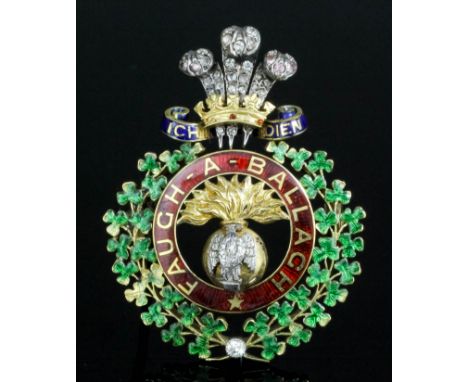An early 20th Century gold coloured metal, enamel and diamond set "Sweetheart" brooch for "The Royal Irish Regiment", inscrib