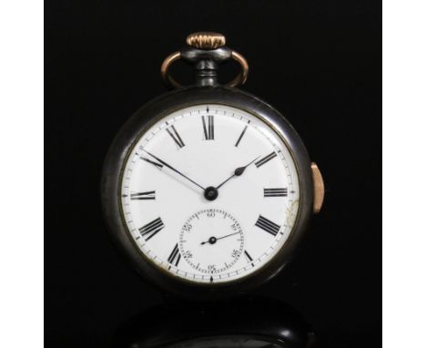 A late 19th/early 20th Century gun metal cased open faced keyless quarter repeating pocket watch, the white enamelled dial wi