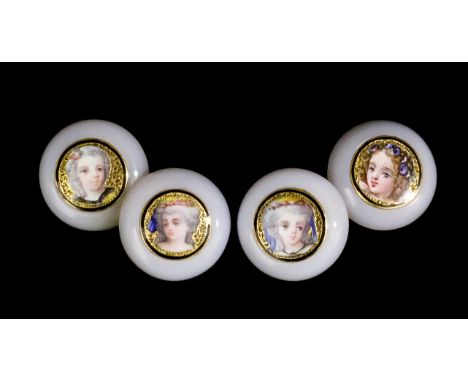 A pair of late 19th Century lady's gold coloured metal mounted chalcedony and enamel set cufflinks, the circular chalcedony t