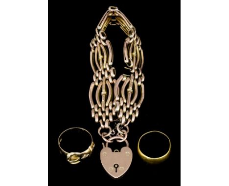 A late Victorian 9ct rose gold five gate link bracelet with heart pattern padlock, 175mm overall (gross weight 20 grammes), a