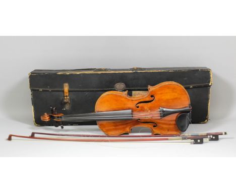 A Late 19th Century French full sized violin with figured two piece back, back measuring excluding button 14ins - 23ins overa