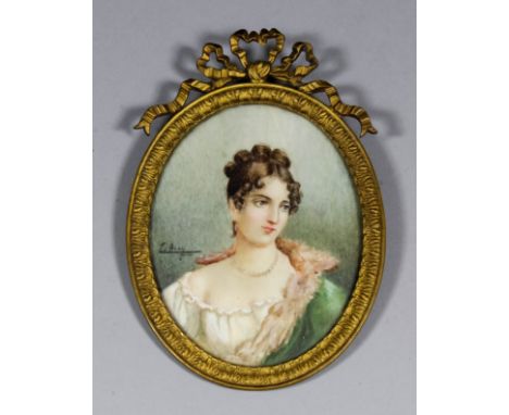 J. Avoy (?) (19th Century French School) - Miniature shoulder length portrait of a young woman wearing a green fur trimmed co