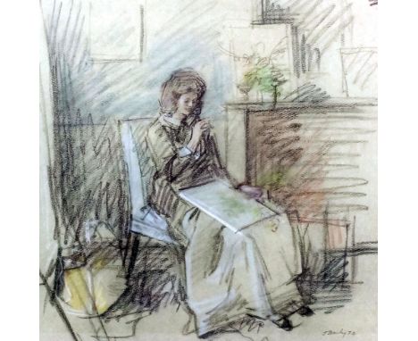Jehan Daly (1918-2001) - Coloured pastel on buff paper - Full length portrait of a seated woman reading, 13ins square, signed