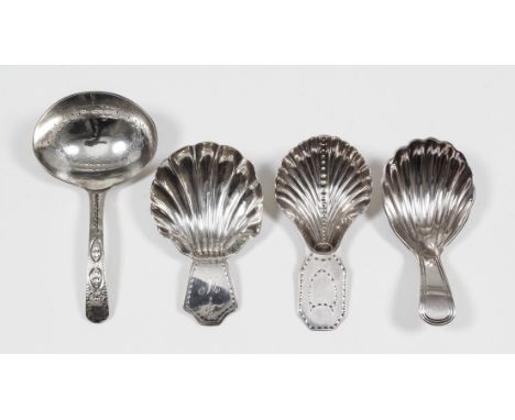 A George III silver caddy spoon with oval bowl and engraved handle by Thomas Wallis, London 1793 (weight 13.13 grammes) and t