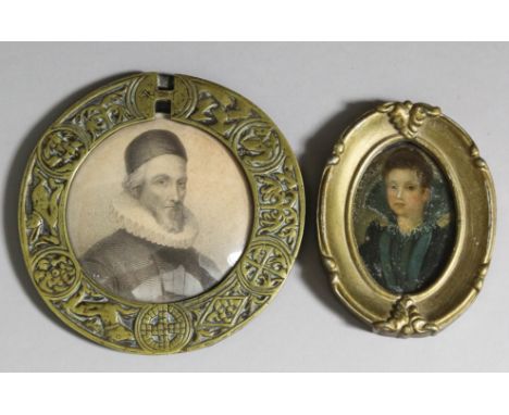 English/Continental school - Plumbago miniature shoulder length portrait of gentleman with ruff and cap, 3.25ins diameter, in