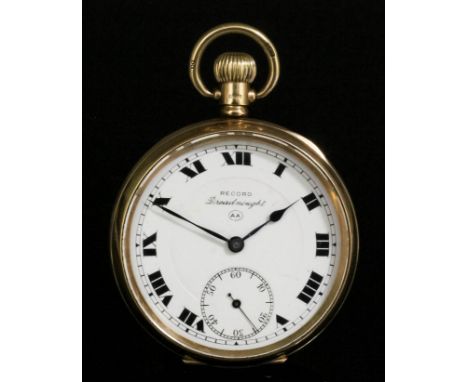 A gentleman's George V 9ct gold cased open faced keyless pocket watch by Record Dreadnought, No. 238987, the white enamelled 