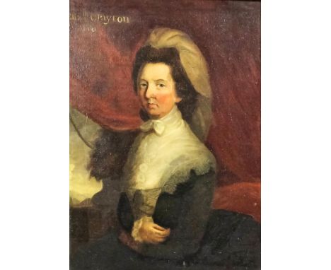 Late 18th English School - Oil painting - Half length portrait of Elizabeth Clayton with landscape to background, canvas 15in