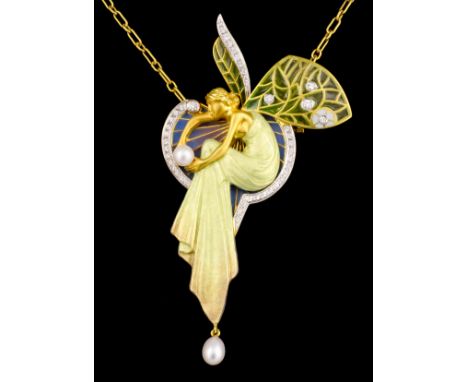 A modern Masriera 18ct gold enamel, plique a  jour, diamond and pearl set brooch or pendant at will in the "Art Nouveau" mann