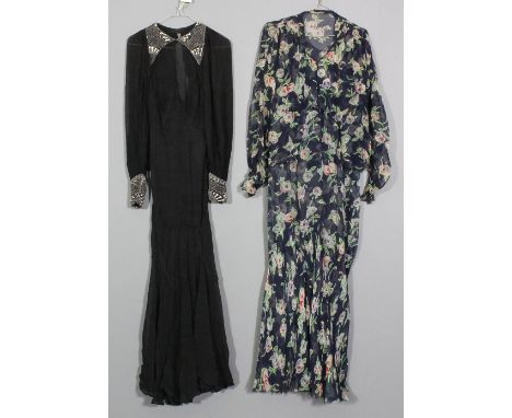 A 1920's navy blue silk chiffon dress and bolero with pale pink tea roses, chest 36ins, and a 1920's black silk chiffon bead 