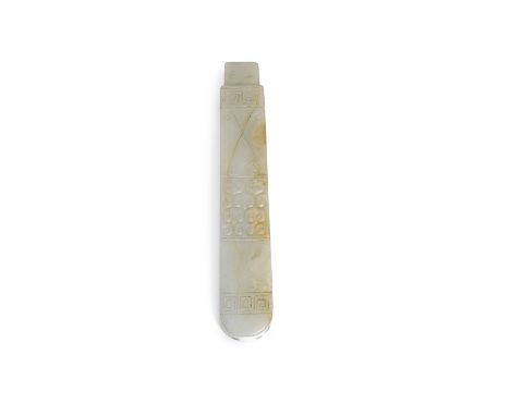 A Chinese celadon jade knife handle, in the archaistic style with scrolls within key-fret bands, 4.5ins (110mm) overall (Qing