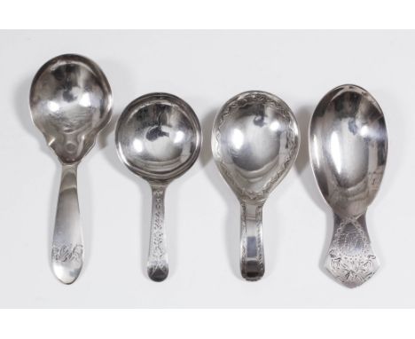 A George III silver caddy spoon, the oval bowl and handle with a band of bright cut decoration by Samuel Pemberton, Birmingha