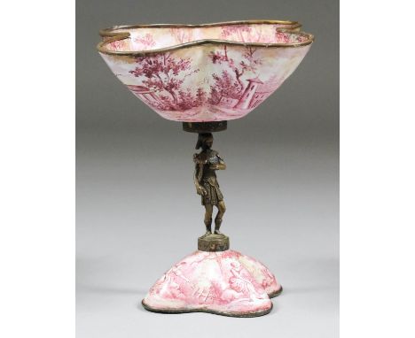 A 19th Century Viennese enamel standing salt of lobed form, enamelled in pink with "Watteauesque" scenes to the interior and 